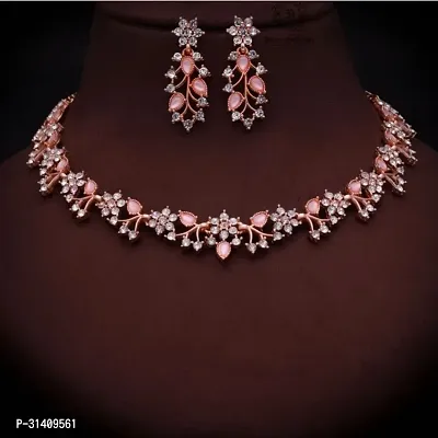 Stylish Peach Brass Cubic Zirconia Jewellery Set For Women-thumb0