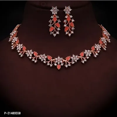 Stylish Orange Brass Cubic Zirconia Jewellery Set For Women