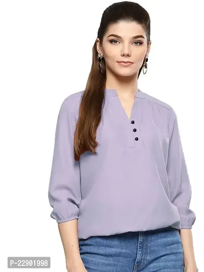 BAVAREE? Women's Casual Festival Designer Neck and 3/4 Sleeves Round Neck with Button Solid Top | Lavender-XS-thumb0