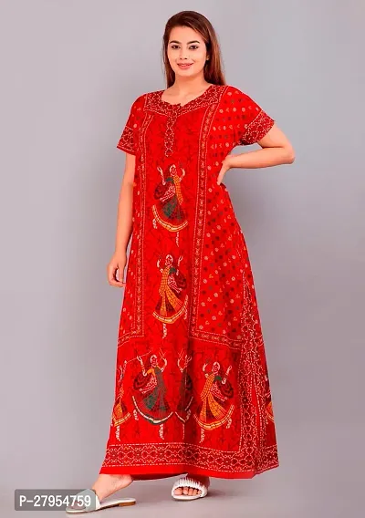 Elegant Red Cotton Printed Nighty For Women-thumb0