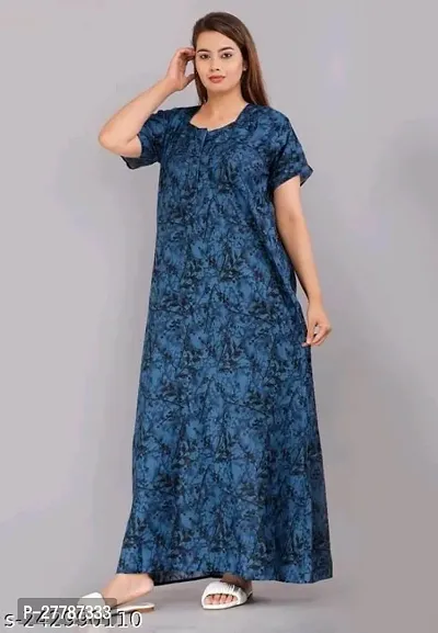 Stylish Blue Cotton Printed Nighty For Women-thumb0