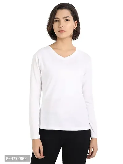 Nefies Women's V-Neck Full Sleeve T-Shirt (Small, White)-thumb0
