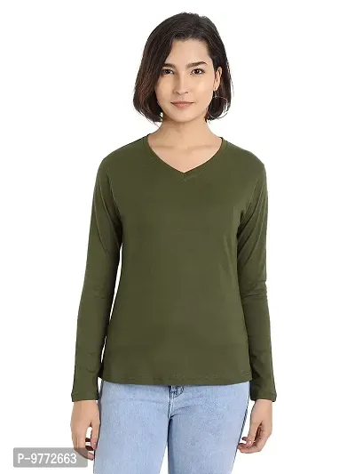 Nefies Women's V-Neck Full Sleeve T-Shirt (Medium, Olive)