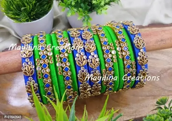 Silk thread bangles with base thread blue and green with blue coloured nugs-thumb0