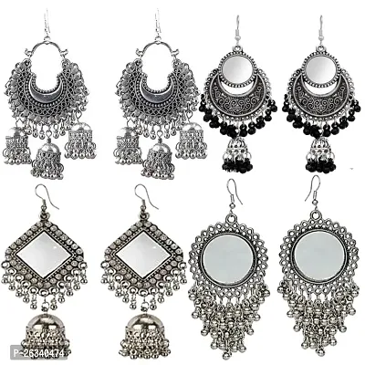 Elegant Silver Oxidised Silver Jhumkas Earrings For Women Combo Pack Of 4-thumb0