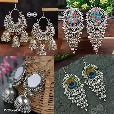 Elegant Silver Oxidised Silver Jhumkas Earrings For Women Combo Pack Of 4