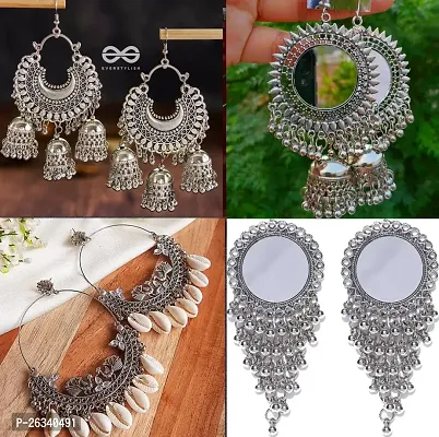 Elegant Silver Oxidised Silver Jhumkas Earrings For Women Combo Pack Of 4-thumb0