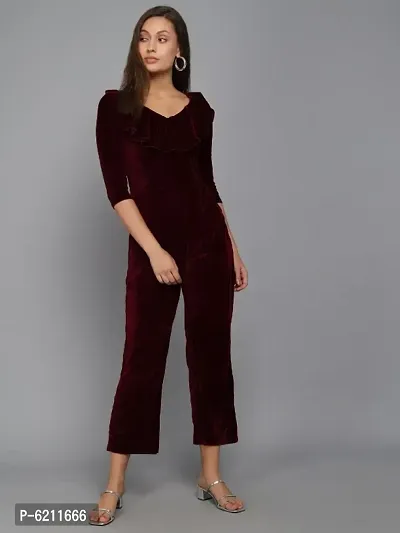 Trendy Velvet Jumpsuit with front frill-thumb2