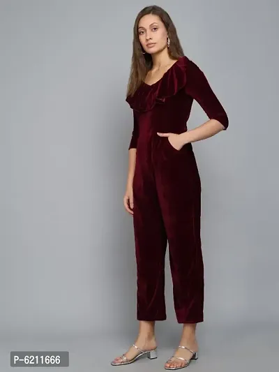 Trendy Velvet Jumpsuit with front frill-thumb3