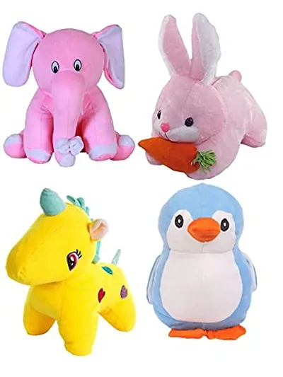 DEALS INDIA Special Combo Of 4 Super Soft Pink Sitting Elephant, Pink Rabbit, Yellow Unicorn, Blue Penguin Soft Stuffed For Kids/ Gifts Birthday And For Special Occasion 25Cm (Multicolour)