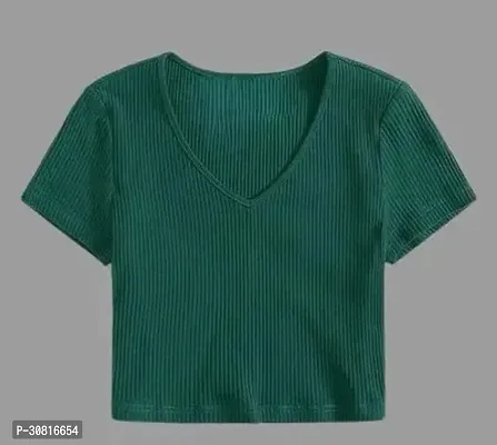 Solid Bottle Green V Neck Top Women-thumb0