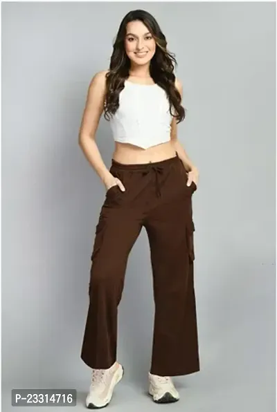 Elegant Brown Terry Lycra Solid Trousers For Women