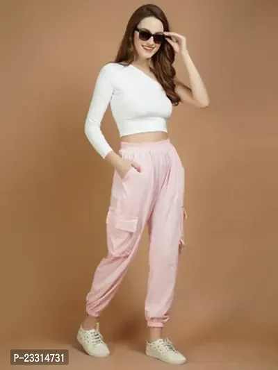 Elegant Pink Terry Lycra Solid Joggers For Women