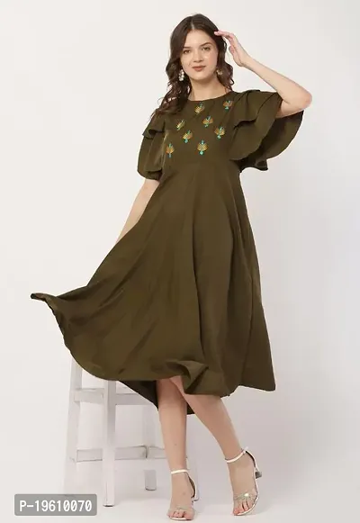 Stylish Printed Olive Crepe Dress