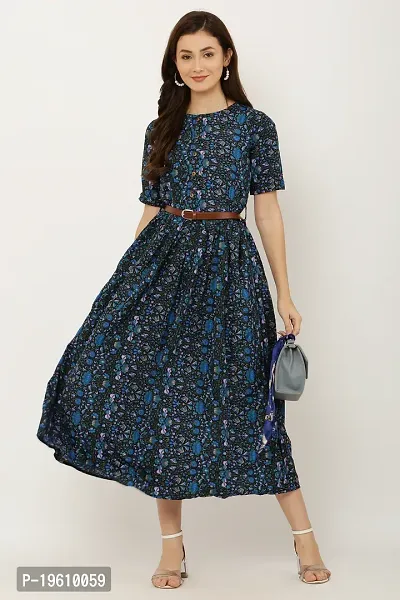Stylish Printed Blue Crepe Dress