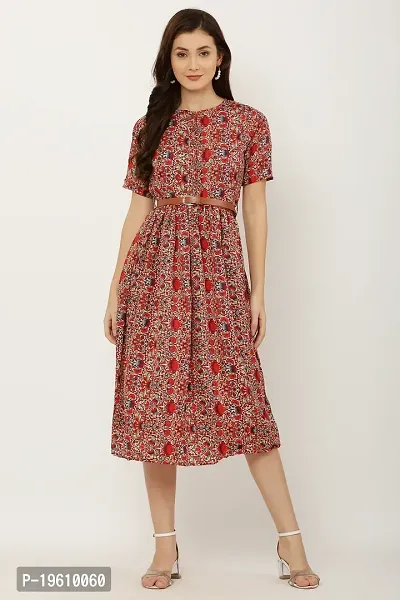 Stylish Printed Red Crepe Dress