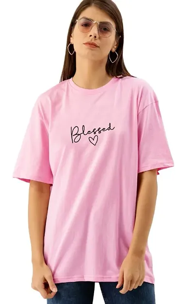 Women Oversized Typrography Round Neck T-Shirt (Blessed)