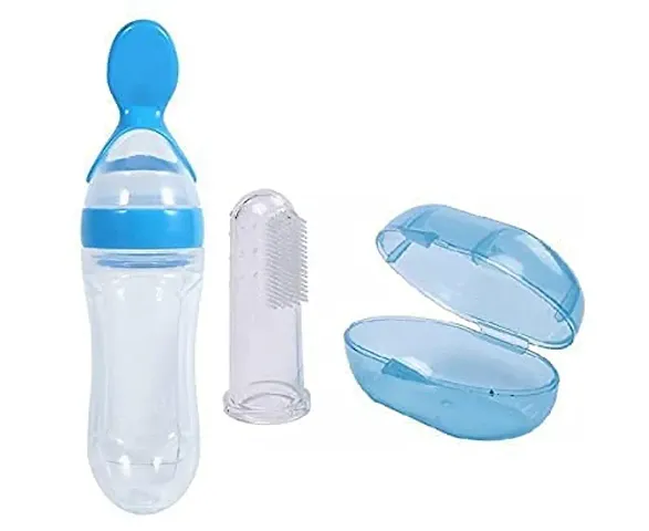 CHILDCHIC BPA Free Squeeze Style Bottle Feeder with Dispensing Spoon and Baby Silicone Finger Toothbrush with case for Toddlers & Kid- Combo of 2-Choose Your Color