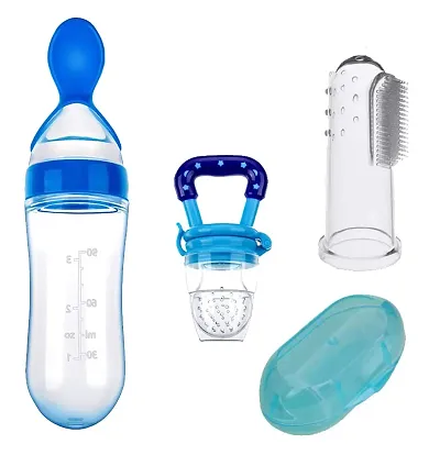 Spoon Feeder Bottle 120ML, Nibbler And Baby Oral Care Teeth Training Finger Brush With Waterproof Bibs