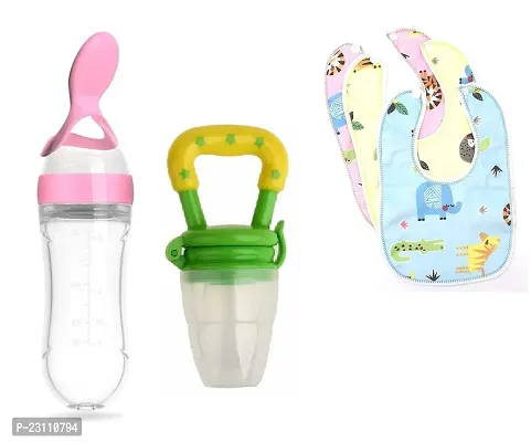 My NewBorn Baby Silicone Spoon Bottle And Fruit Nibbler And Baby Bib Pack Of 5