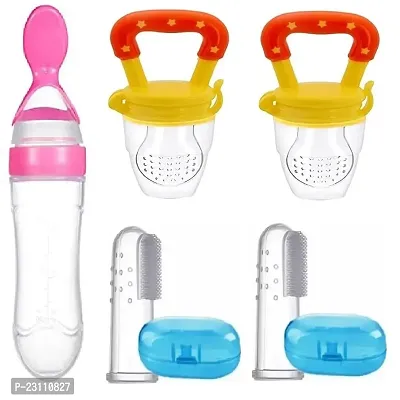 My NewBorn Baby Silicone Spoon Bottle,Fruit Nibbler And Finger Brush Pack Of 5