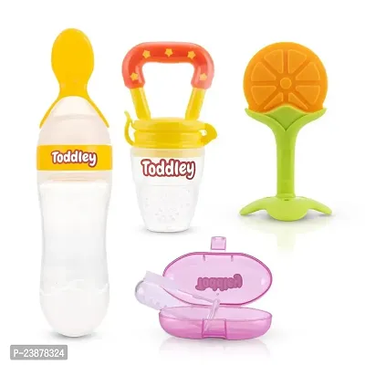 My NewBorn baby Spoon Bottle And Fruit nibbler And Fruit Shape Teether And Silicone Finger Brush With Case Pack Of 4