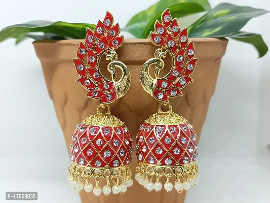 Soika? Multicolor Meenakari Peacock Design Jhumka Earrings | Jhumki Earrings | Ethnic Earrings (Red)-thumb2