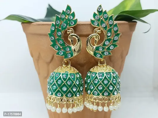 Soika? Multicolor Meenakari Peacock Design Jhumka Earrings | Jhumki Earrings | Ethnic Earrings (Green)-thumb2