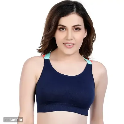 Lighlty Padded Sports Bra for Women,Wireless Racerback Back Mediam Support Gym Bras with Removable pad (up to 34,Navy Blue)-thumb0