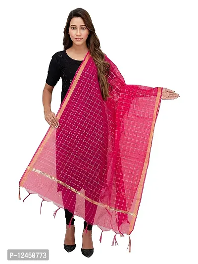 Authentic Women Solid Silk Cotton Dupatta Regular Checks Chunni For Women-thumb0