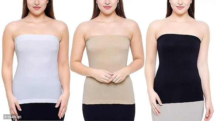 Shoppy Villa Women's/Girl's Strapless Stretchable Long Bandeau Tube Top Camisole Free Size (Black_Skin_White)