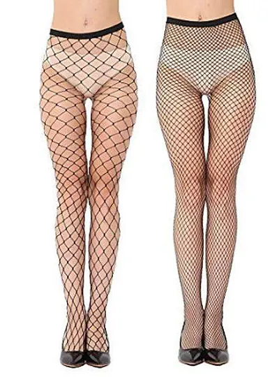 Geeta Laxmi Women's High Waist Lace Fishnet Lingerie Stockings (Black, Free size) - Pack of 2