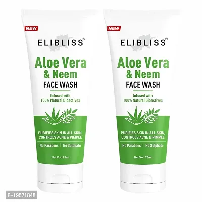 ELIBLISS Aloe Vera  Neem Refreshing Gel Face Wash 75m for Glowing Skin - Daily Gentle Exfoliating Facial Cleanser