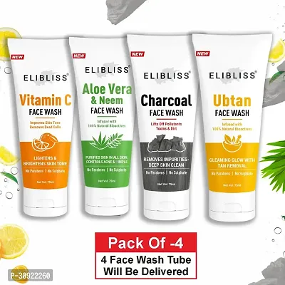 ELIBLISS Vitamin C, Neem Tulsi, Ubtan and Activated Charcoal Facewash Pack of 4 Face Wash