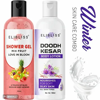 Elibliss Mix Fruit Shower Gel with Doodh Kesar Body Lotion Combo Kit for All Skin Type