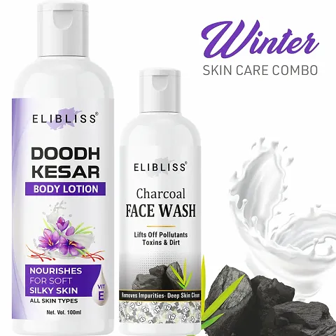 Elibliss Doodh Kesar Body Lotion with Activated Charcoal Face Wash for Pimple Control