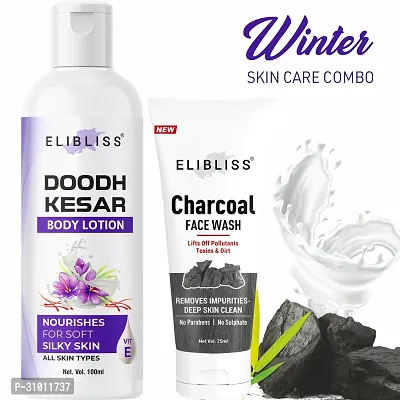 Elibliss Doodh  Kesar Body Lotion with Charcoal Face Wash for Spot Removal-thumb0