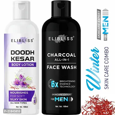 Elibliss Doodh Kesar Body Lotion for Dry Skin with Men Charcoal Face Wash  for All Skin