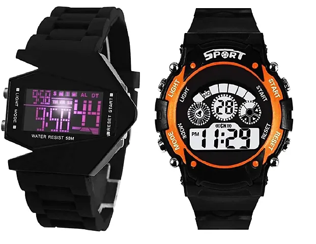 Emartos Digital Unisex-Child Watch (Multicolored Dial, Black Colored Strap) (Pack of 2)