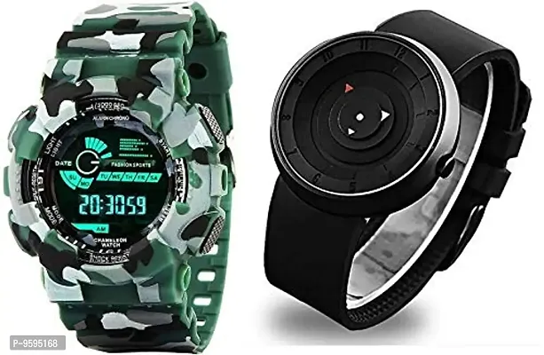 Emartos Analogue - Digital Men's  Boy's Watch (Black Dial, Green  Black Colored Strap) - Pack of 2