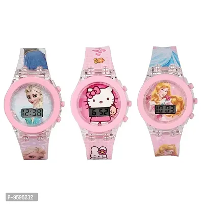 Emartos Glowing Pink Frozen/Hello Kitty/Princess Digital Watches (Combo of 3) for Girls