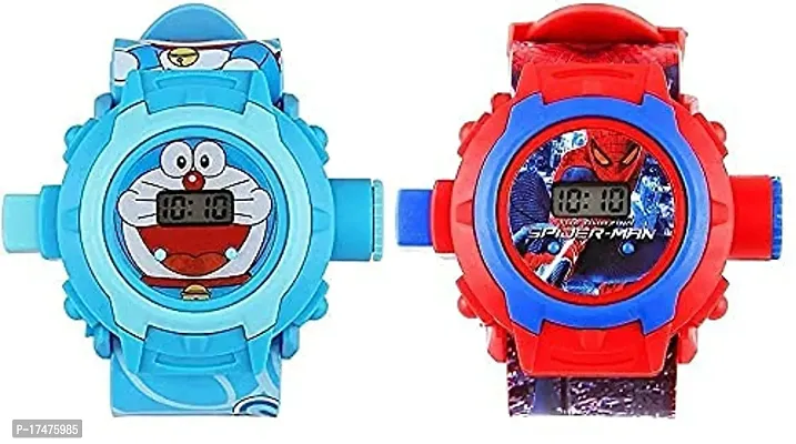 Emartos Round dial Blue Doraemon and Spiderman Projector 24 Images Digital Watch for Boys Kids Combo (Pack of 2)