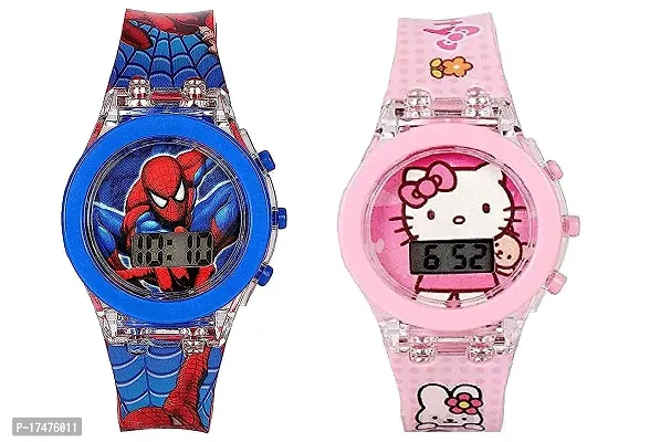 Emartos Spiderman and Hello Kitty Glowing Light Digital Watches Combo for Kids (Multicolour) Pack of 2
