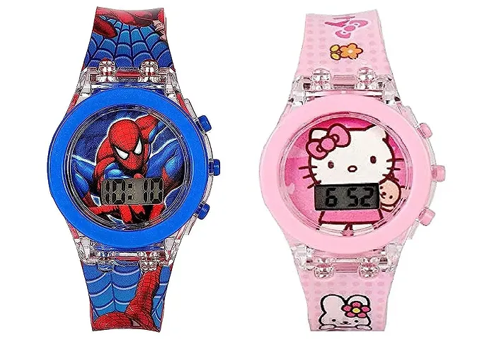 Emartos Spiderman and Hello Kitty Glowing Light Digital Watches Combo for Kids (Multicolour) Pack of 2