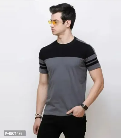 Stylish Cotton Colourblocked Round Neck T-shirt For Men-thumb0