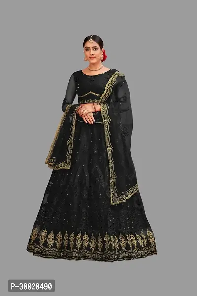 Elegant Black Net Embroidered Semi Stitched Lehenga Choli For Women-thumb0