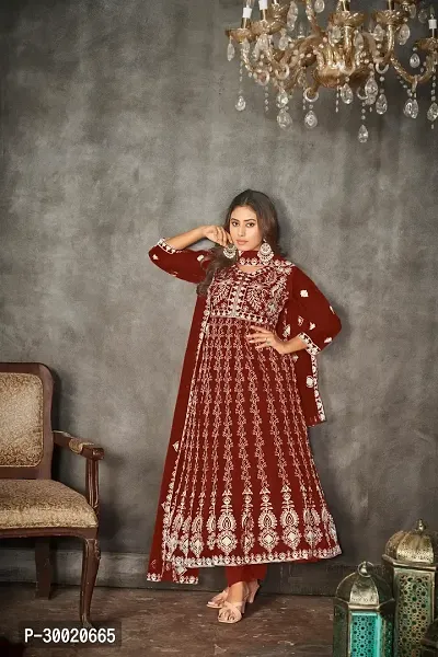 Elegant Maroon Net Embroidered Dress Material With Dupatta For Women-thumb0