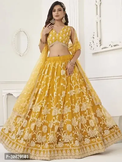 Elegant Yellow Net Embroidered Semi Stitched Lehenga Choli For Women-thumb2