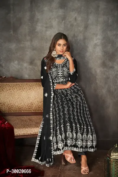 Elegant Black Net Embroidered Dress Material With Dupatta For Women