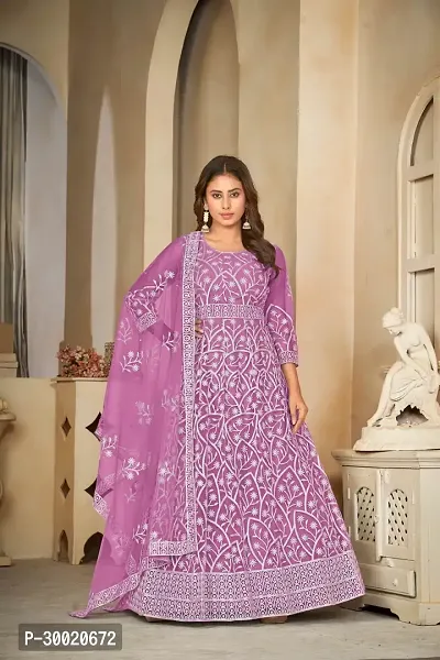 Elegant Purple Net Embroidered Dress Material With Dupatta For Women